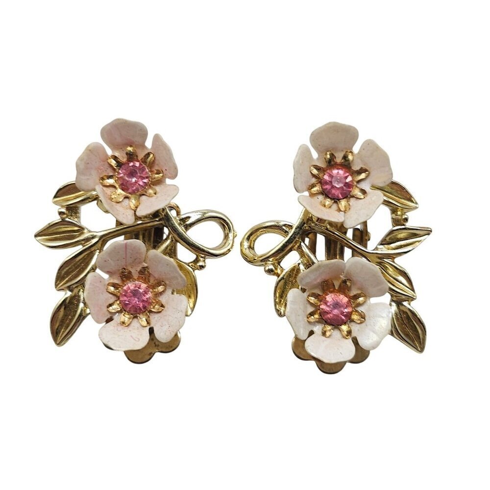 Vintage Coro Gold Tone Clip On Earrings Pink Rhinestone Enamel Floral Design